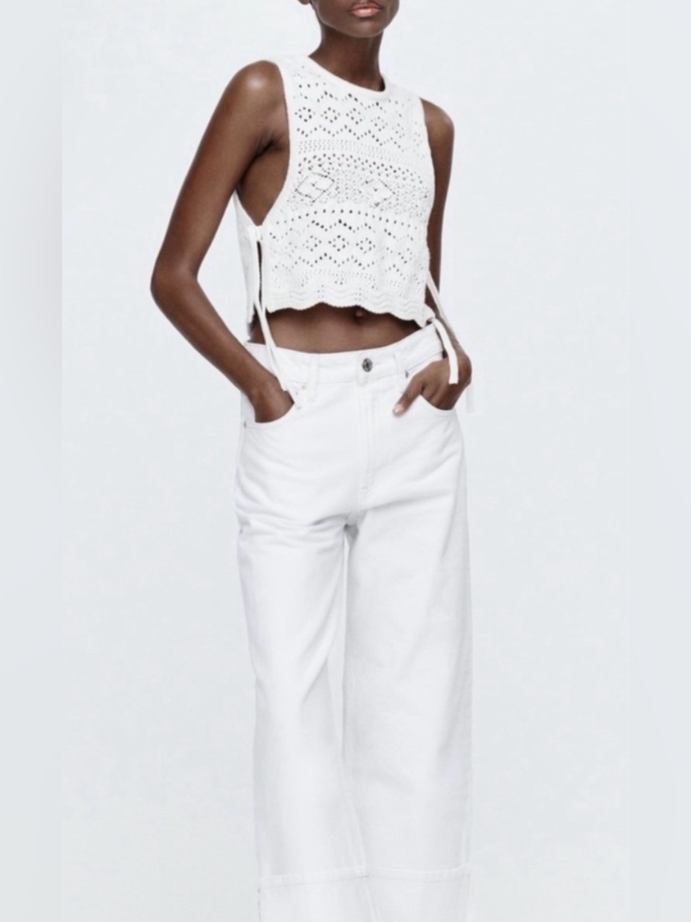 Zara Boho Off White Crochet Pointelle Knit Top with Side Ties